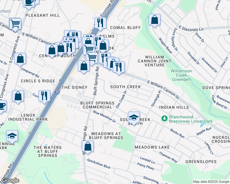 map of restaurants, bars, coffee shops, grocery stores, and more near 34 Westwood Circle in Austin