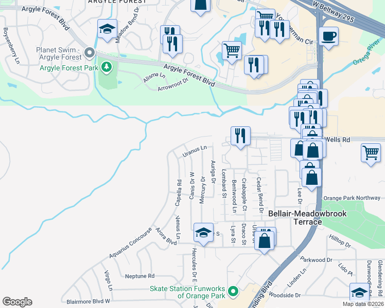 map of restaurants, bars, coffee shops, grocery stores, and more near 356 Canis Drive West in Orange Park