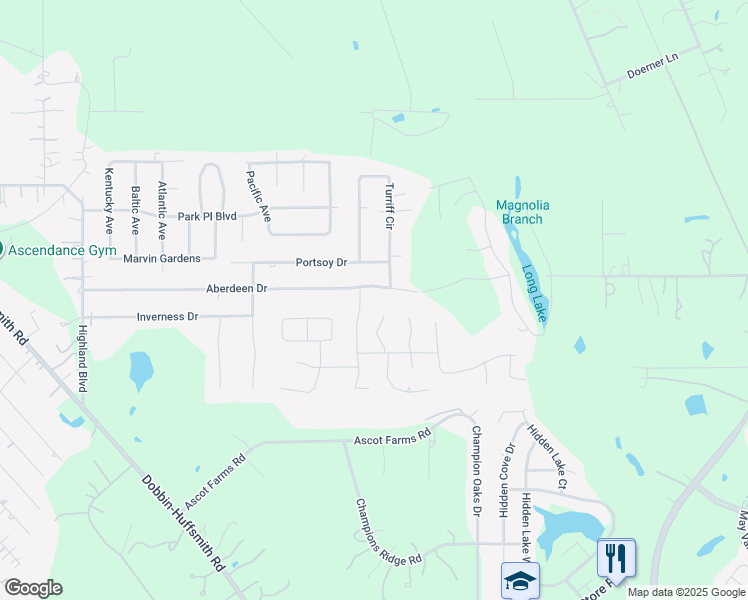 map of restaurants, bars, coffee shops, grocery stores, and more near 28907 Aberdeen Drive in Magnolia