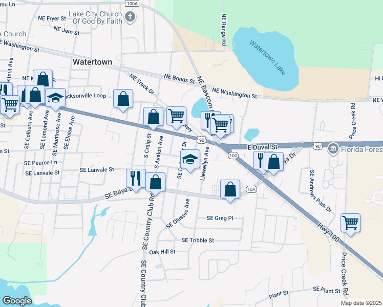 map of restaurants, bars, coffee shops, grocery stores, and more near 176 Southeast Dekle Way in Lake City