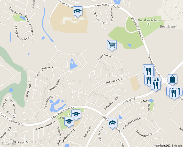 map of restaurants, bars, coffee shops, grocery stores, and more near 5 Featherfall Place in Spring
