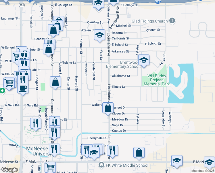 map of restaurants, bars, coffee shops, grocery stores, and more near 4000 Louisiana Avenue in Lake Charles