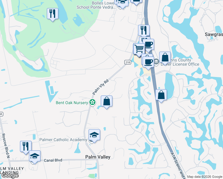 map of restaurants, bars, coffee shops, grocery stores, and more near 225 Woody Creek Drive in Ponte Vedra Beach