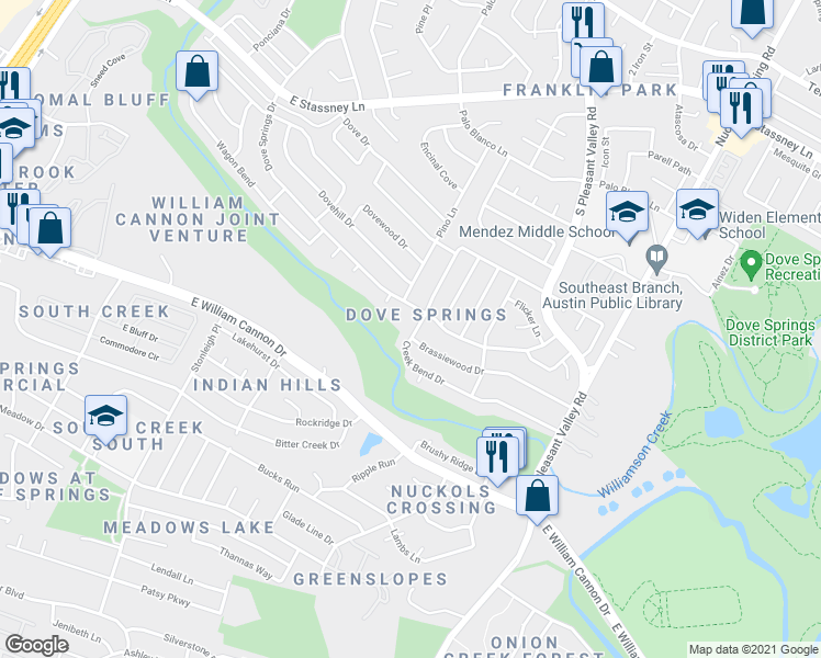 map of restaurants, bars, coffee shops, grocery stores, and more near 4523 Creek Bend Drive in Austin