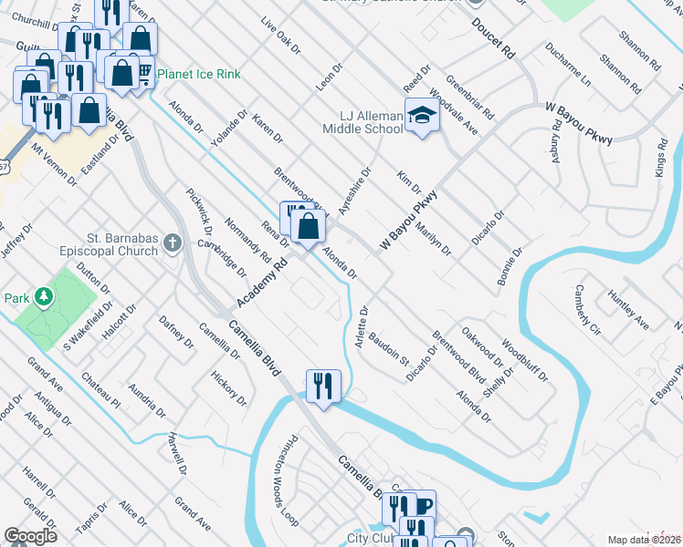 map of restaurants, bars, coffee shops, grocery stores, and more near 520 Alonda Drive in Lafayette