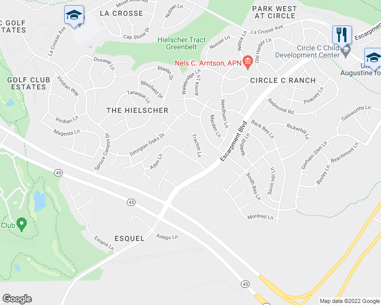 map of restaurants, bars, coffee shops, grocery stores, and more near 6426 Aden Lane in Austin