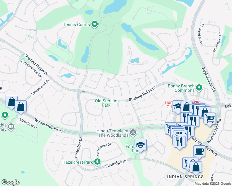 map of restaurants, bars, coffee shops, grocery stores, and more near 10 Farington Way in Spring