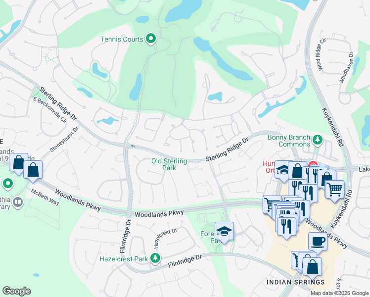 map of restaurants, bars, coffee shops, grocery stores, and more near 10 Farington Way in Spring