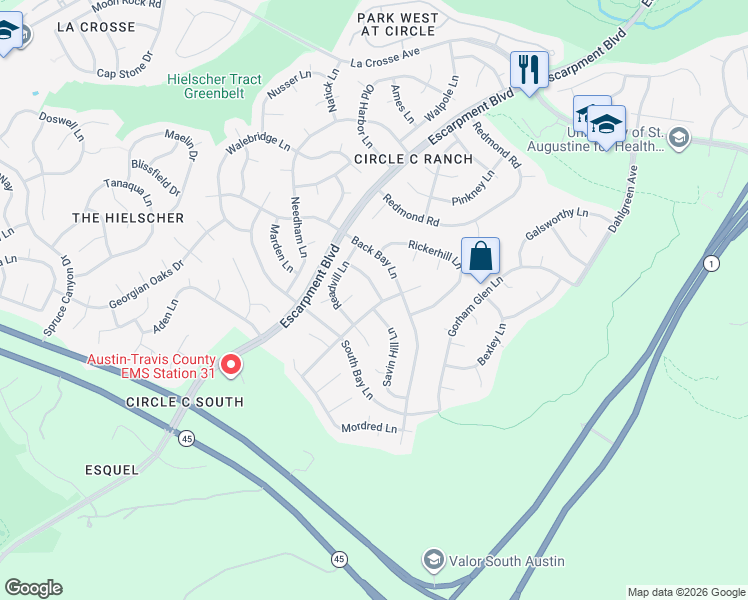 map of restaurants, bars, coffee shops, grocery stores, and more near 6101 Skahan Lane in Austin