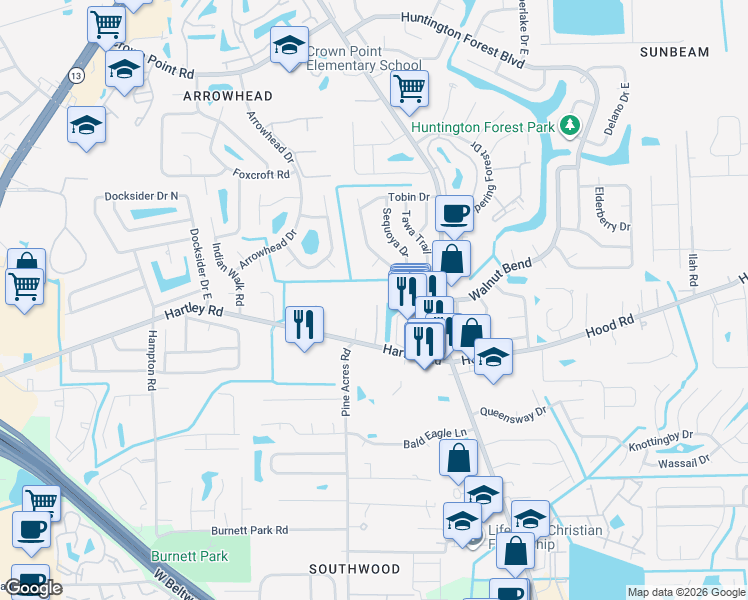 map of restaurants, bars, coffee shops, grocery stores, and more near 10446 Autumn Trace Road in Jacksonville