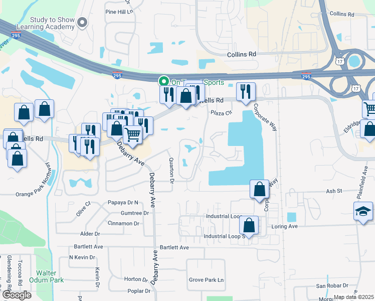 map of restaurants, bars, coffee shops, grocery stores, and more near 351 Crossing Boulevard in Orange Park