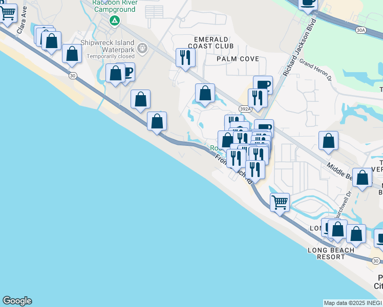 map of restaurants, bars, coffee shops, grocery stores, and more near 11619 Front Beach Road in Panama City