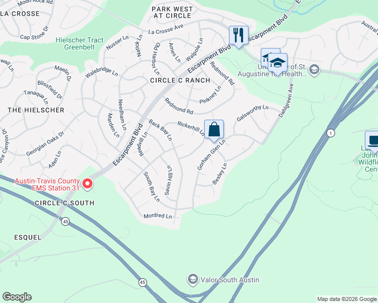 map of restaurants, bars, coffee shops, grocery stores, and more near 5916 Rickerhill Lane in Austin