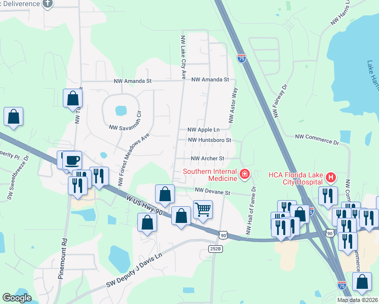 map of restaurants, bars, coffee shops, grocery stores, and more near 3825 Northwest Archer Street in Lake City