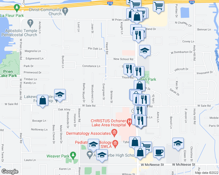 map of restaurants, bars, coffee shops, grocery stores, and more near 3940 Brinlee St in Lake Charles