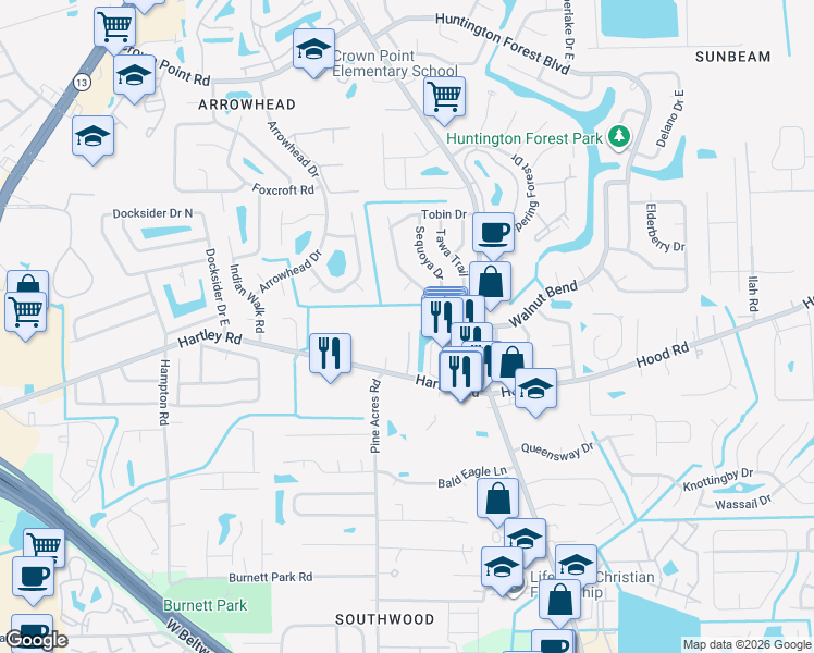 map of restaurants, bars, coffee shops, grocery stores, and more near 10446 Autumn Trace Road in Jacksonville