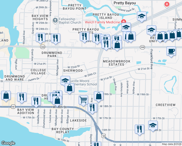 map of restaurants, bars, coffee shops, grocery stores, and more near 3008 West 20th Court in Panama City