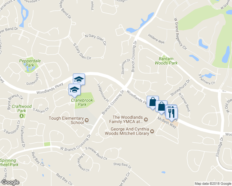 map of restaurants, bars, coffee shops, grocery stores, and more near 34 Peachridge Place in Spring