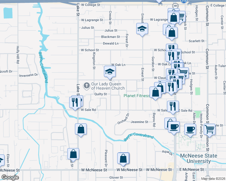 map of restaurants, bars, coffee shops, grocery stores, and more near 3908 Creole St in Lake Charles
