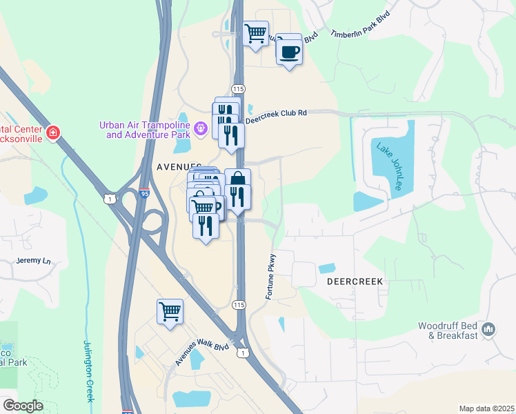 map of restaurants, bars, coffee shops, grocery stores, and more near 10199 Southside Boulevard in Jacksonville