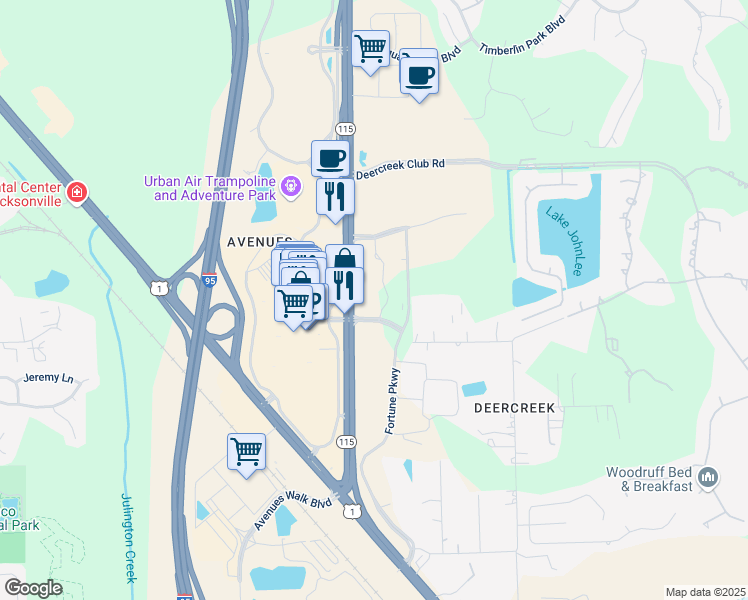 map of restaurants, bars, coffee shops, grocery stores, and more near 10199 Southside Boulevard in Jacksonville