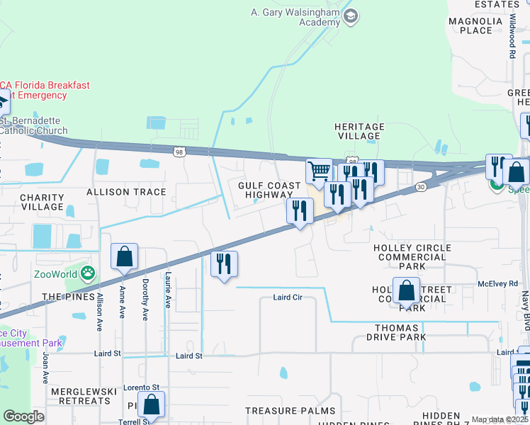 map of restaurants, bars, coffee shops, grocery stores, and more near 8111 Singletary Street in Panama City Beach