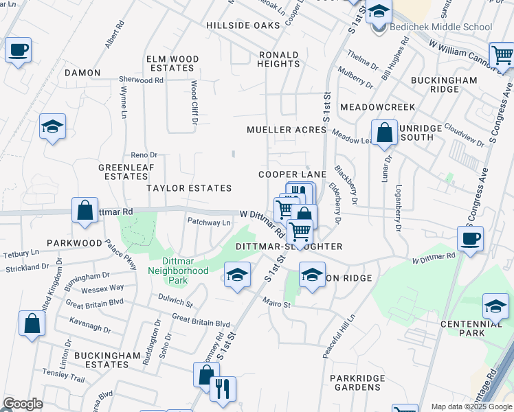 map of restaurants, bars, coffee shops, grocery stores, and more near 7804 Cooper Lane in Austin