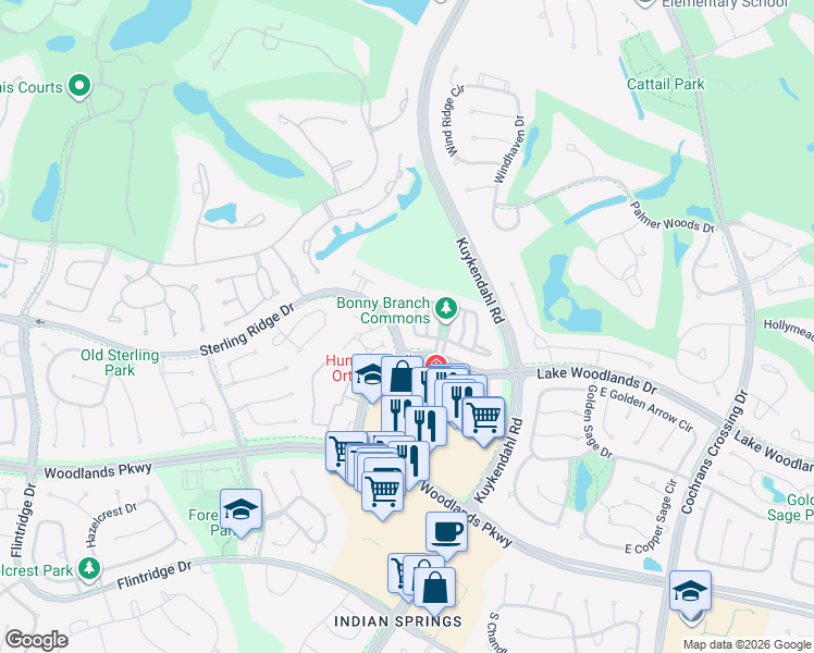 map of restaurants, bars, coffee shops, grocery stores, and more near 151 Hansom Trail Street in Spring