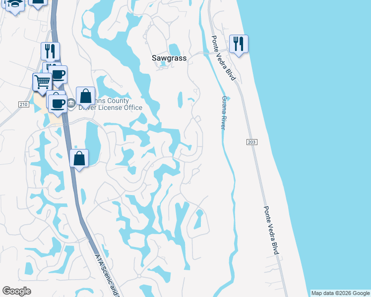 map of restaurants, bars, coffee shops, grocery stores, and more near 1597 Harbour Club Drive in Ponte Vedra Beach