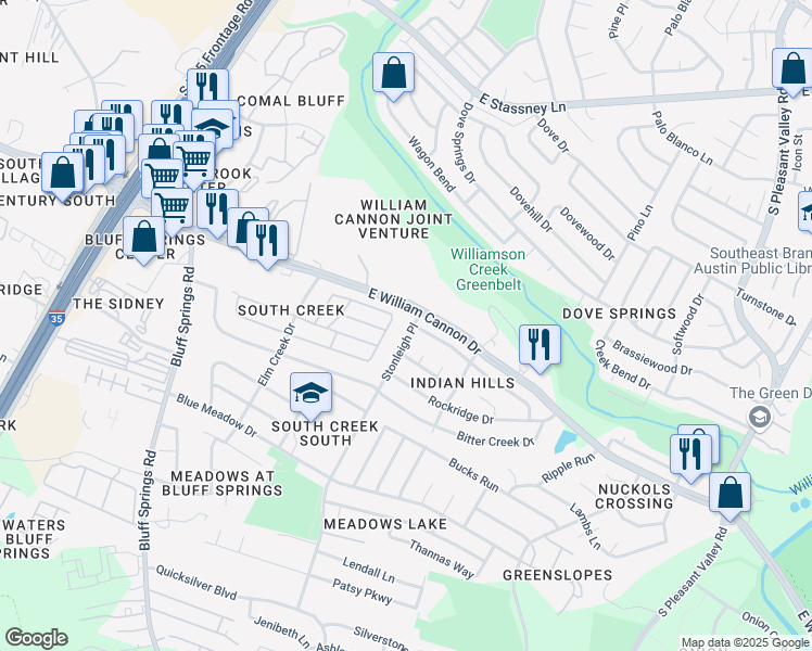 map of restaurants, bars, coffee shops, grocery stores, and more near 6506 Stonleigh Place in Austin