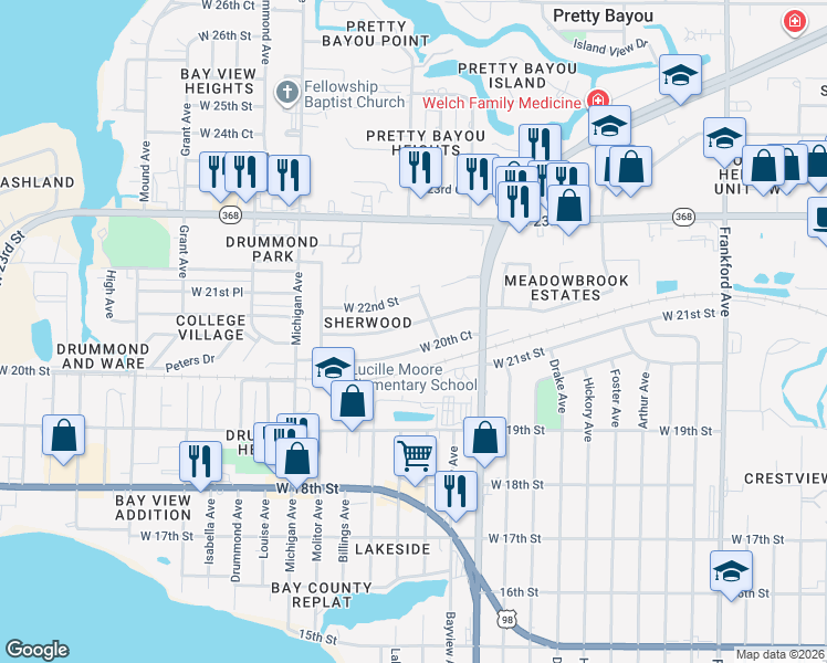 map of restaurants, bars, coffee shops, grocery stores, and more near 3105 West 21st Court in Panama City