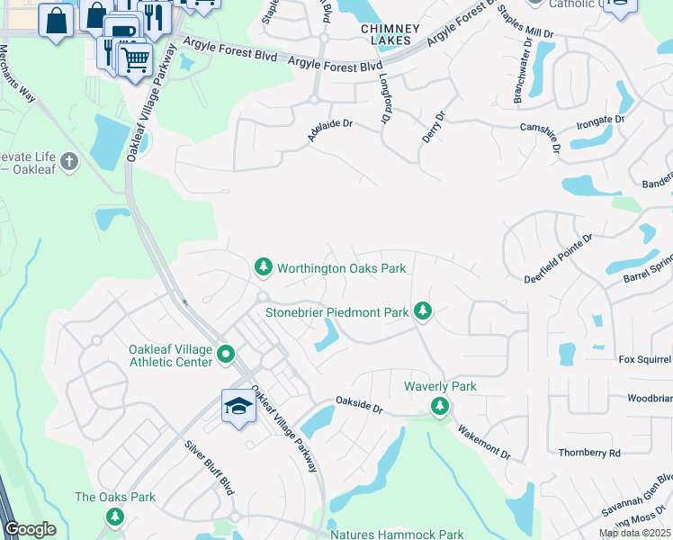 map of restaurants, bars, coffee shops, grocery stores, and more near 426 Hearthside Court in Orange Park