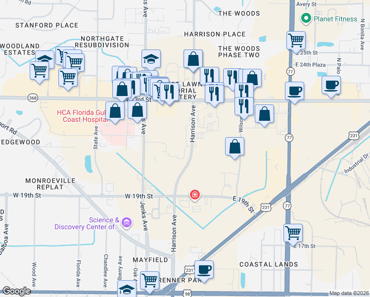 map of restaurants, bars, coffee shops, grocery stores, and more near 2121 Harrison Avenue in Panama City