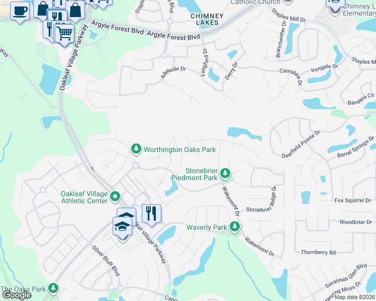 map of restaurants, bars, coffee shops, grocery stores, and more near 536 Millhouse Lane in Orange Park