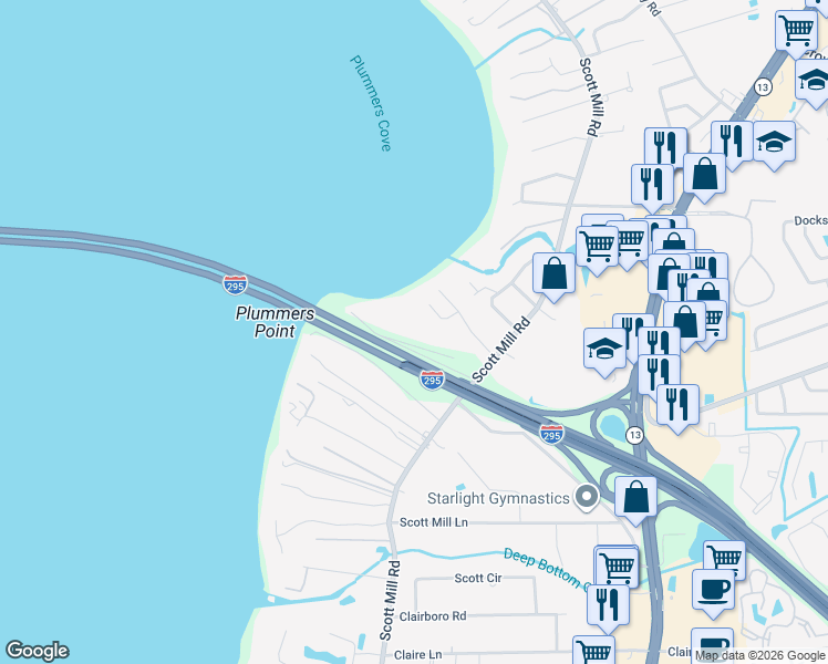 map of restaurants, bars, coffee shops, grocery stores, and more near 10566 Scott Mill Road in Jacksonville