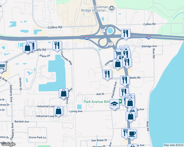 map of restaurants, bars, coffee shops, grocery stores, and more near 570 Wells Road in Orange Park