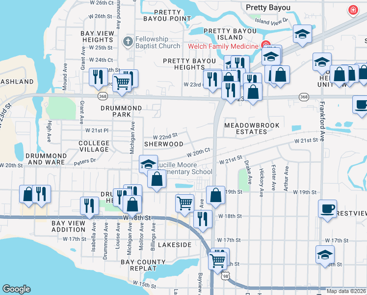 map of restaurants, bars, coffee shops, grocery stores, and more near 3105 West 21st Court in Panama City