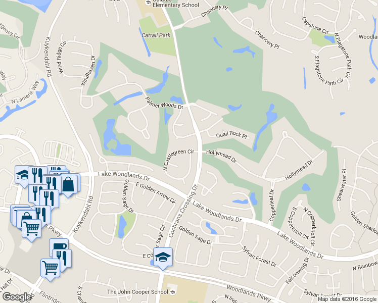 map of restaurants, bars, coffee shops, grocery stores, and more near 6 North Castlegreen Circle in Spring