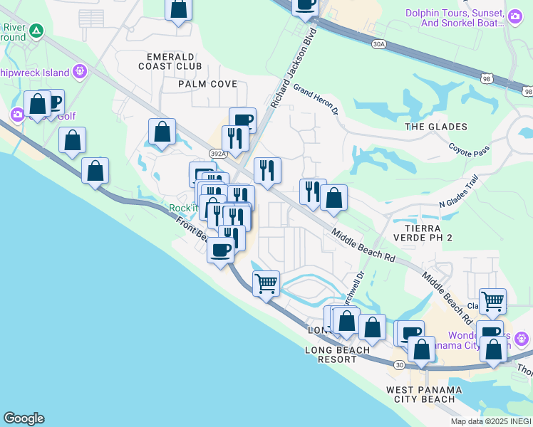 map of restaurants, bars, coffee shops, grocery stores, and more near 165 Damon Circle in Panama City Beach