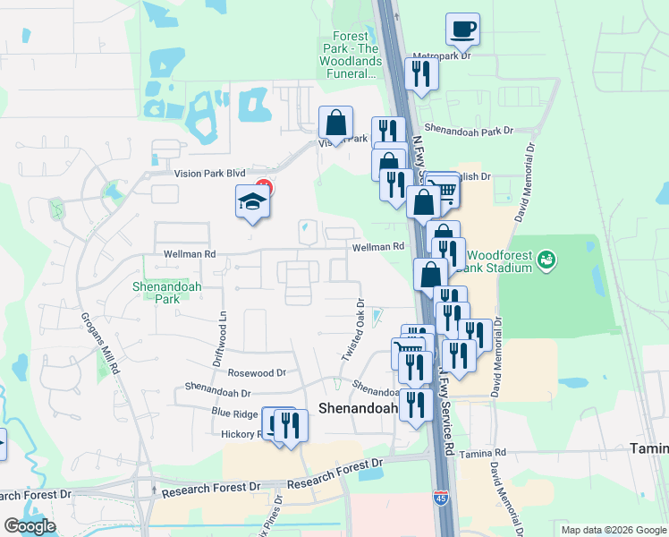 map of restaurants, bars, coffee shops, grocery stores, and more near 18715 Bella Cascata in Shenandoah