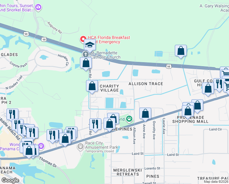 map of restaurants, bars, coffee shops, grocery stores, and more near 1633 Hope Circle in Panama City