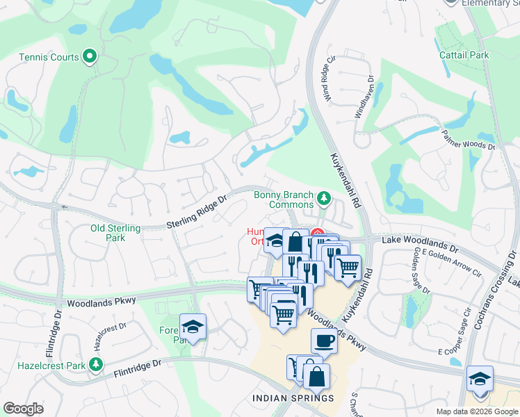map of restaurants, bars, coffee shops, grocery stores, and more near 39 Douvaine Court in Spring