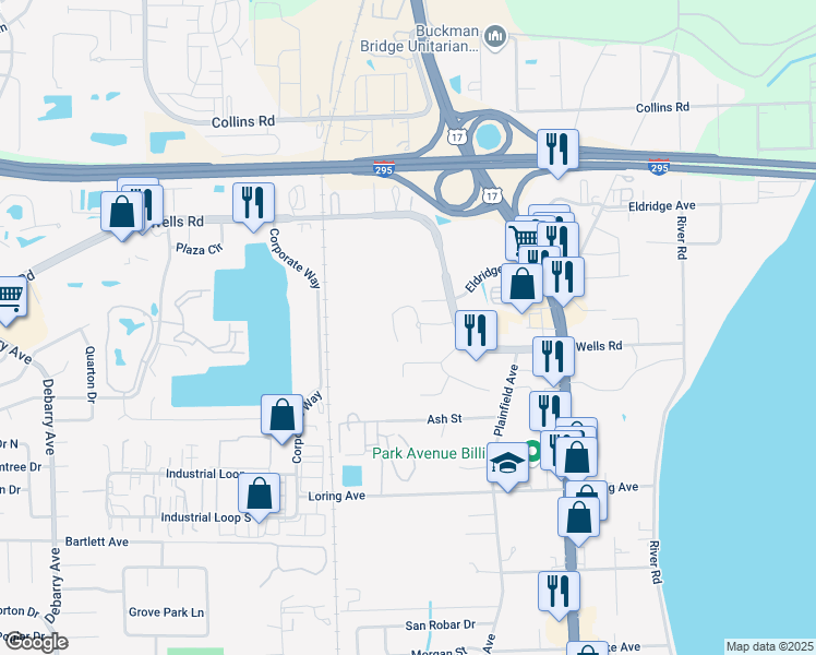 map of restaurants, bars, coffee shops, grocery stores, and more near 570 Wells Road in Orange Park