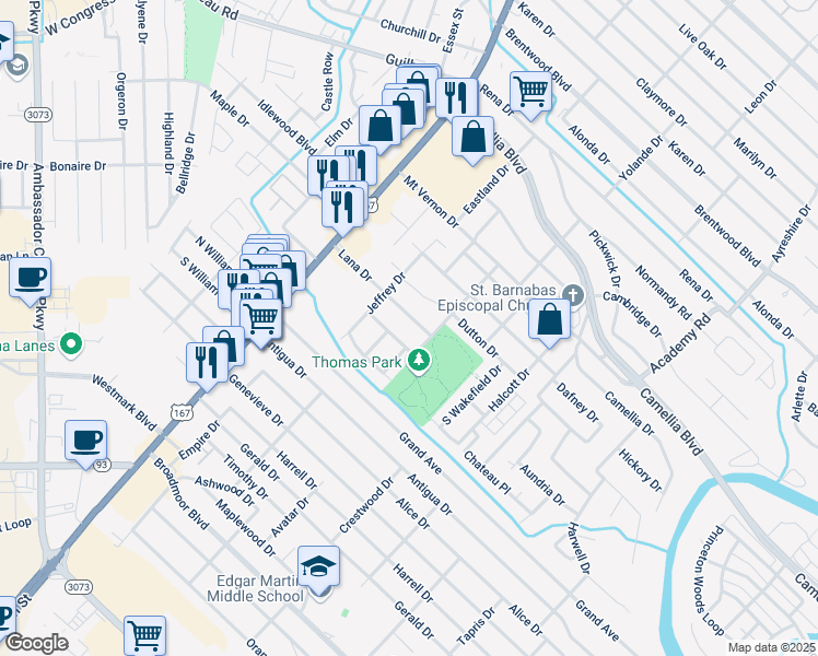 map of restaurants, bars, coffee shops, grocery stores, and more near 209 Firmin Drive in Lafayette