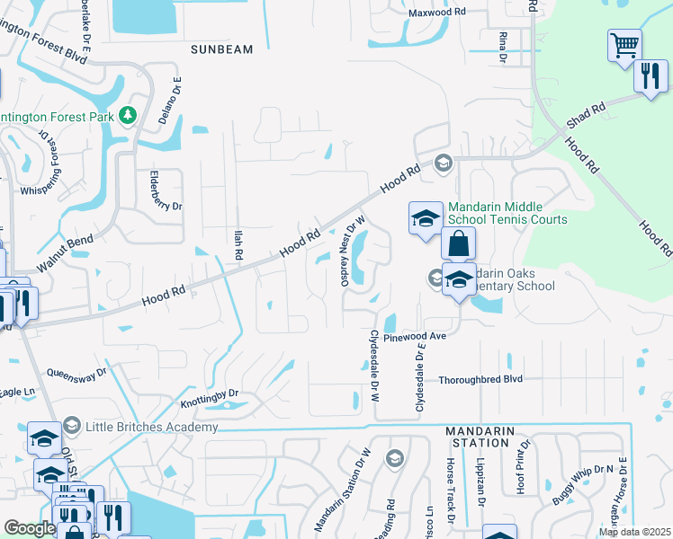 map of restaurants, bars, coffee shops, grocery stores, and more near 10464 Osprey Nest Drive West in Jacksonville