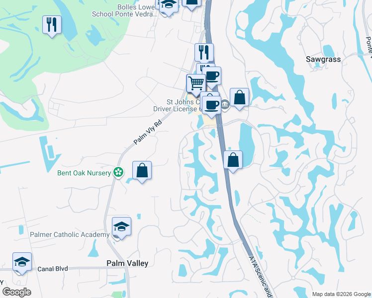 map of restaurants, bars, coffee shops, grocery stores, and more near 117 Island Drive in Ponte Vedra Beach