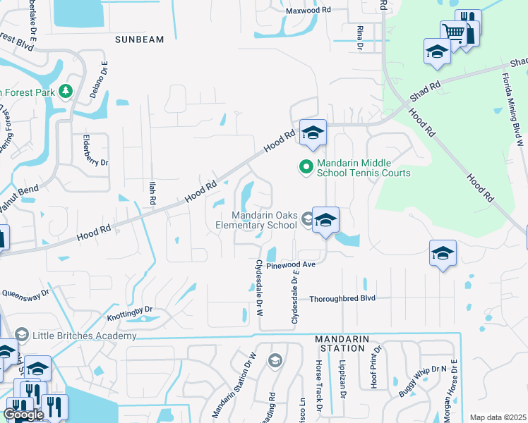 map of restaurants, bars, coffee shops, grocery stores, and more near 10514 Osprey Nest Drive East in Jacksonville