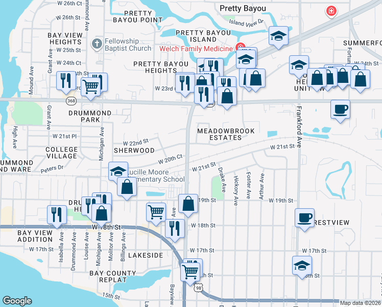 map of restaurants, bars, coffee shops, grocery stores, and more near 2906 Gallagher Drive in Panama City