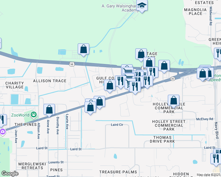 map of restaurants, bars, coffee shops, grocery stores, and more near 8111 Singletary Street in Panama City Beach
