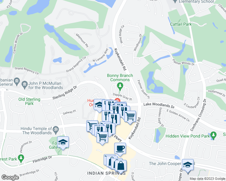 map of restaurants, bars, coffee shops, grocery stores, and more near 151 Hansom Trail Street in Spring